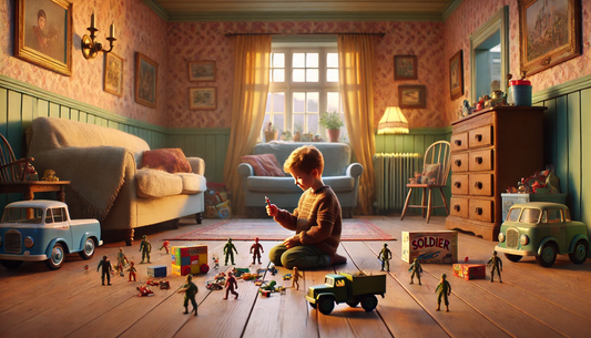 A young boy, around 8 years old, is sitting on the wooden floor, playing with GI JOEs.