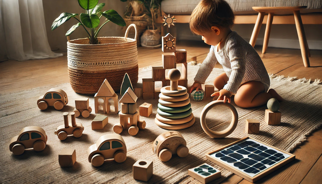 Toddler playing with eco-friendly toys made from natural wood and recycled materials in a cozy living room, showcasing sustainable play options for 2025.