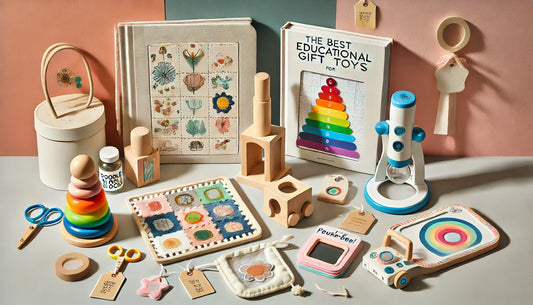 Top educational gift toys for toddlers: wooden stacking blocks, reusable doodle mat, STEM microscope, sensory cloth book, and peekaboo toy in a flat lay display.