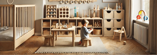 Montessori-inspired learning space. a toddler engaged in hands-on play. The calm, clutter-free environment promotes independent learning and creativity.
