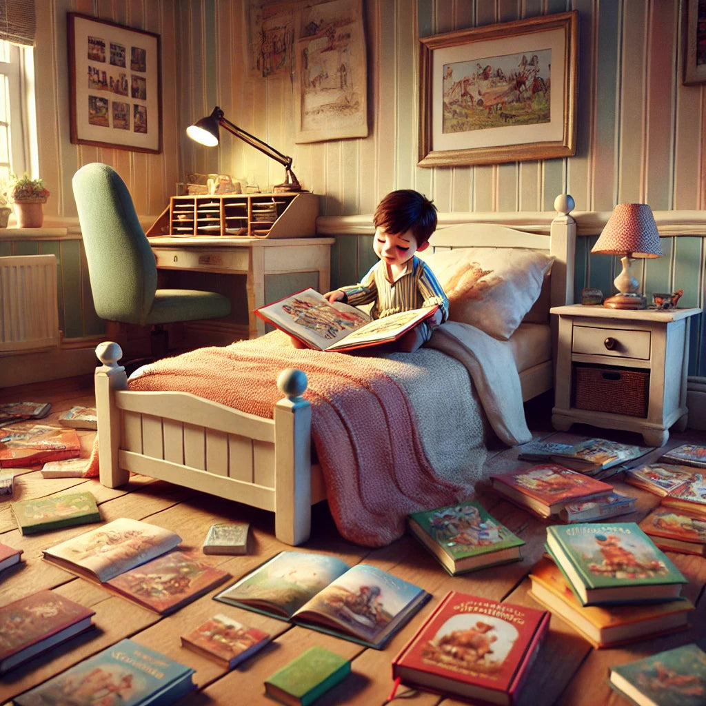 Comfortable bedroom scene with soft, warm lighting. A little boy, around 3 years old, is lying in bed, holding a colorful storytelling book. He reading a story book. GadWitch Toys