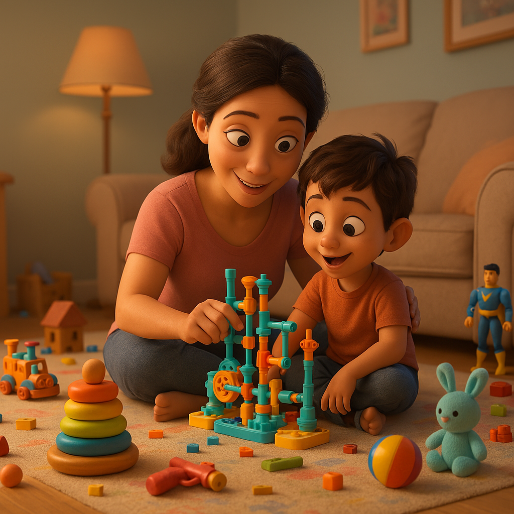 illustration of a mother and son playing with educational toys in a cozy, pastel-colored living room, surrounded by stacking blocks and plush toys