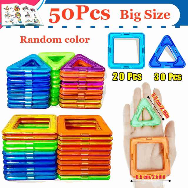 50 Pieces BIG Size - blocks 50 - Mag Shapes Colorful Blocks | DIY Magnetic Block House - GadWitch Toys