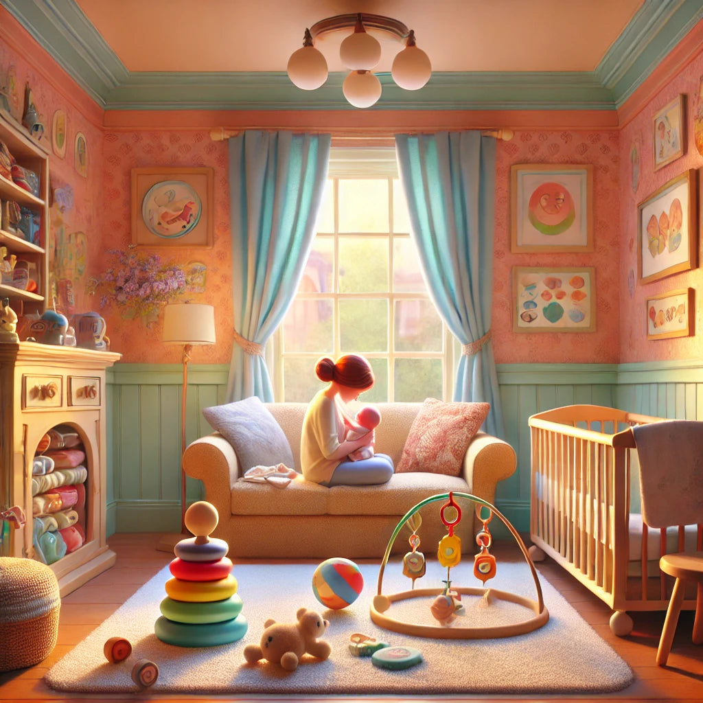 A cozy living room with soft lighting, where a mother and newborn share a tender moment, surrounded by educational newborn toys like plush animals, sensory cards, and wooden grasping beads.