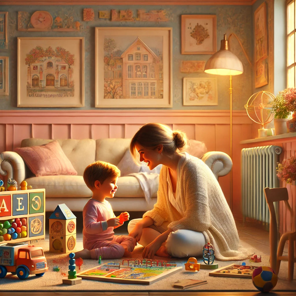 A warm family scene in a cozy living room with a mother and son playing with educational toys, including puzzles, STEM kits, and Montessori toys, fostering learning and creativity in a loving atmosphere