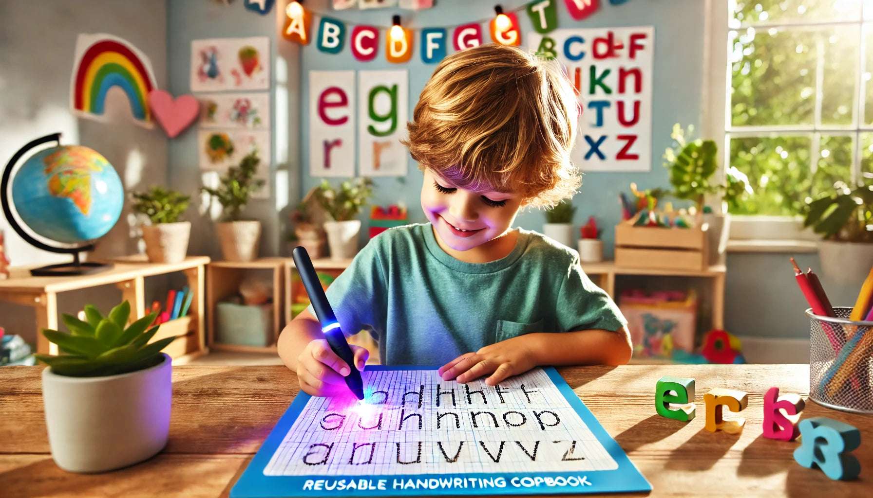 A child using a magic ink pen to trace grooved letters in a reusable handwriting copybook, ideal for Montessori-inspired handwriting practice for ages 3-8.