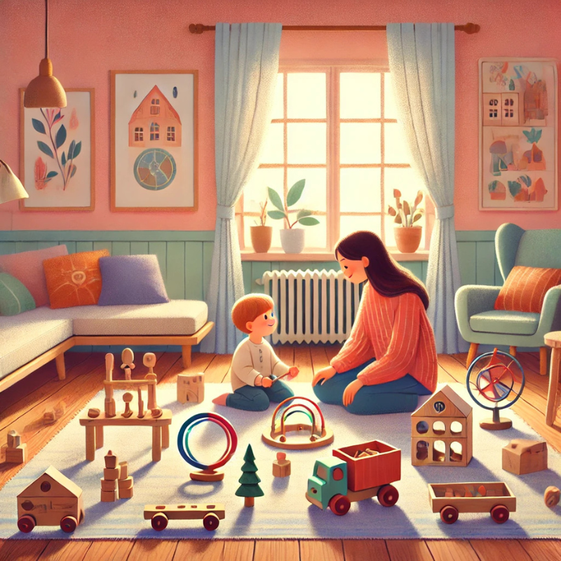 A warm, cozy living room where a mother and son play with eco-friendly wooden toys. The scene captures love, learning, and creativity in a Pixar-style illustration.