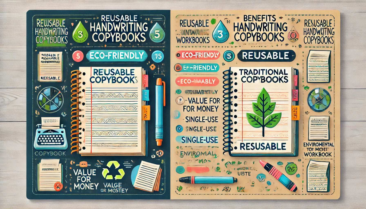 Infographic comparing reusable handwriting copybooks with traditional workbooks, highlighting eco-friendliness, durability, and value for money.