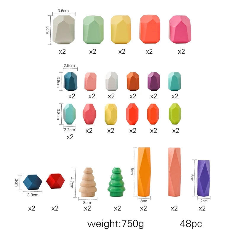 Details and Size - 48 pieces - Wooden Montessori Stacking Rocks | GadWitch Toys