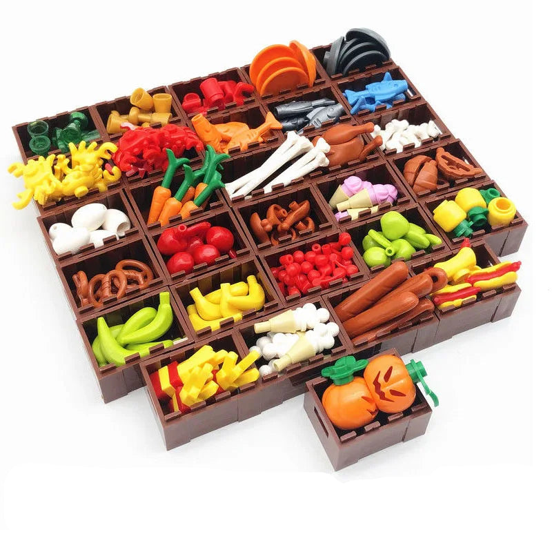 Food Building Blocks City Friend Accessories Bread Chips Roast Chicken Pizza Hot Dog Fish Fruit Carrot Basket Classic MOC Bricks