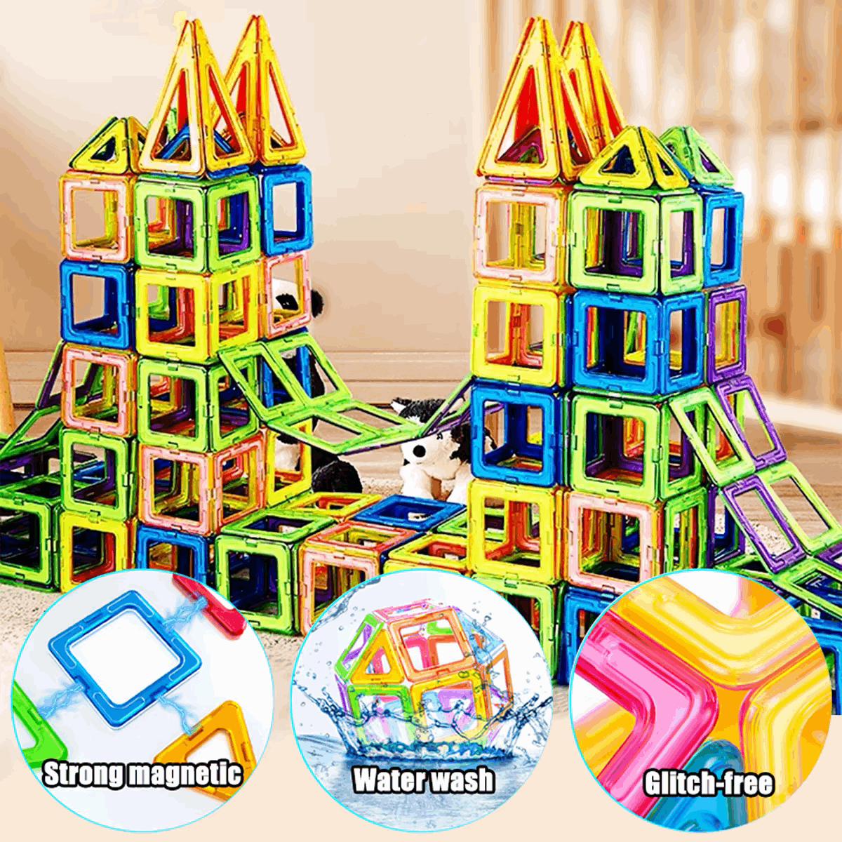 Stron Magnetic - Water Wash - Glitch-free - Magnetic Block Toys - 3 to 6 age - Mag Shapes Colorful Blocks | DIY Magnetic Block House - GadWitch Toys