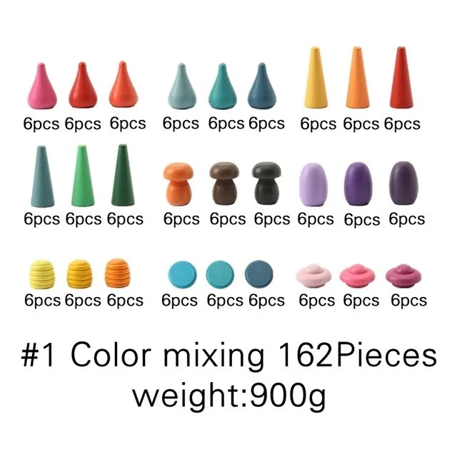 Assorted colored clay pieces with quantity labels on a white background - 1 color mixing 162 pieces
