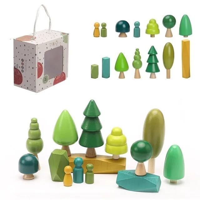 Set of colorful wooden trees and people figures with a carrying box on a white background - gift box