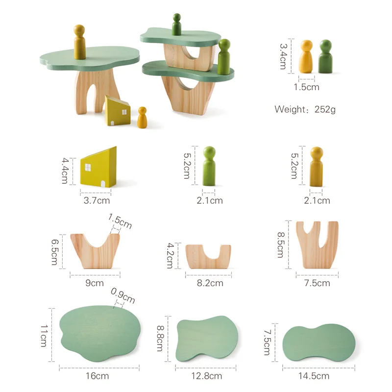 Set of wooden toy figures and furniture with measurements and weight details on a white background