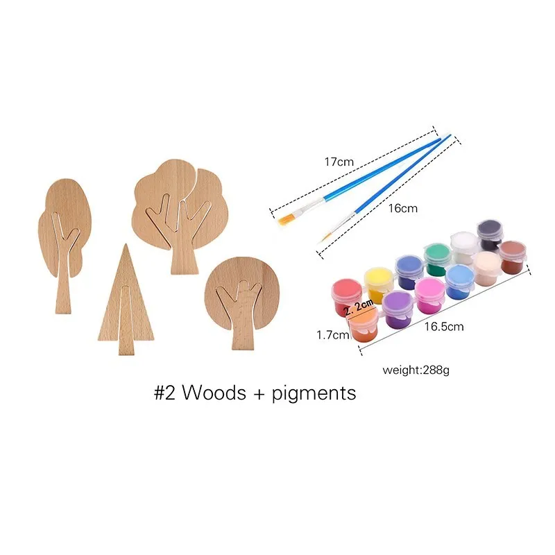 Set of wooden tree shapes, paintbrushes, and small containers of paint on a white background. - 2 woods plus pigment