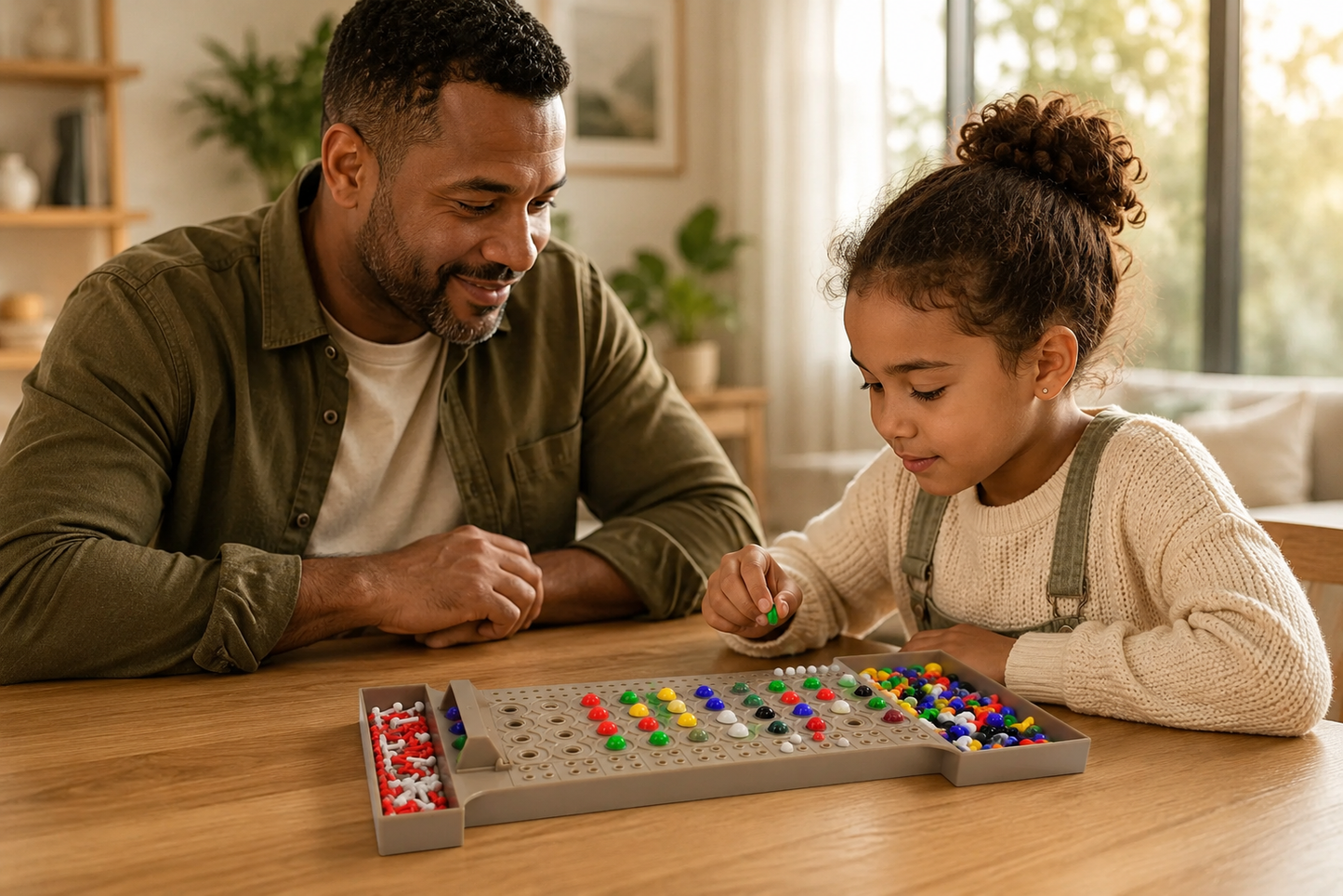 Father and daughter enjoying the CodeBreaker™ educational strategy board game together at home.