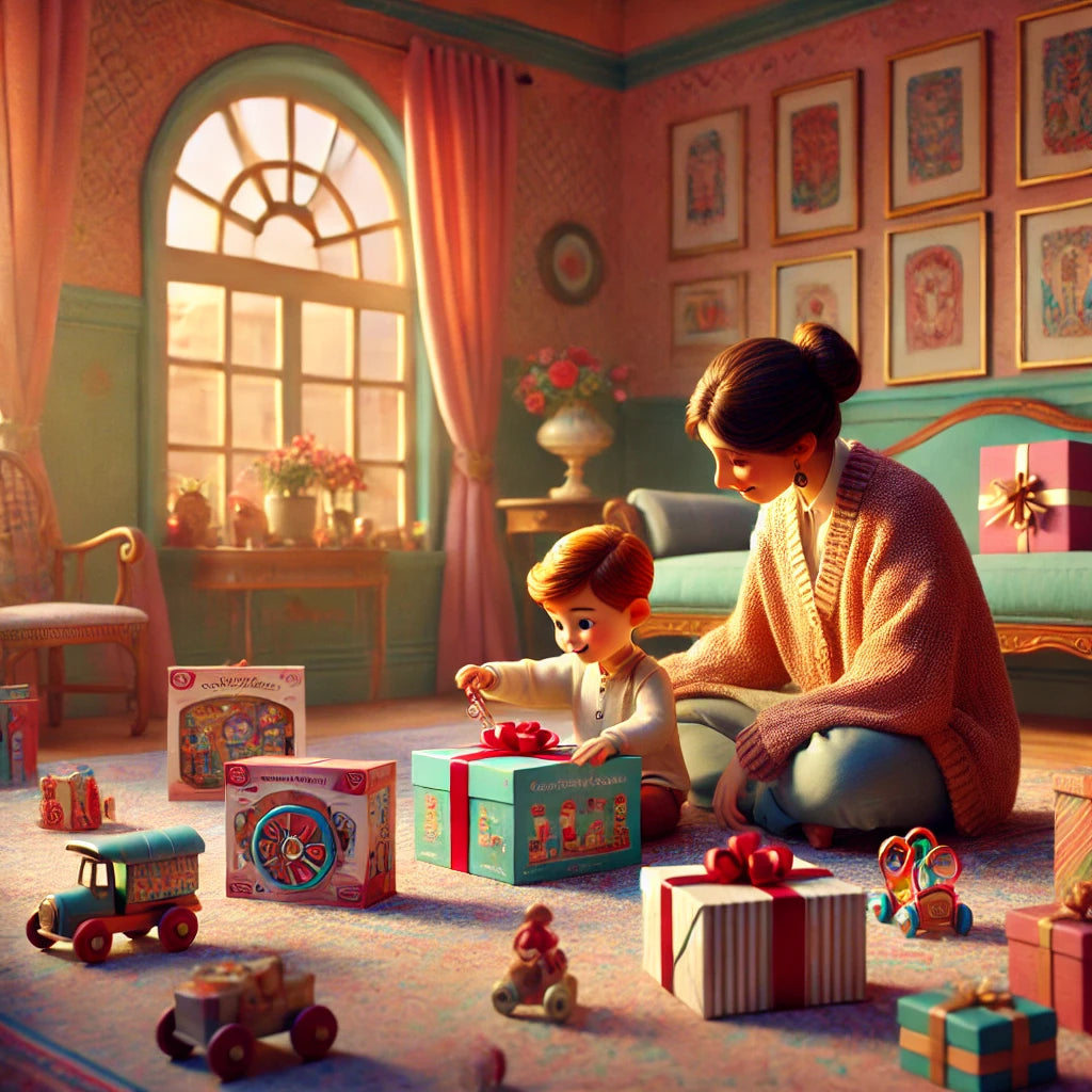 A warm family moment in a cozy living room with a mother and son playing with educational gift toys, fostering creativity and learning. A Pixar-style scene with soft lighting and a joyful atmosphere.