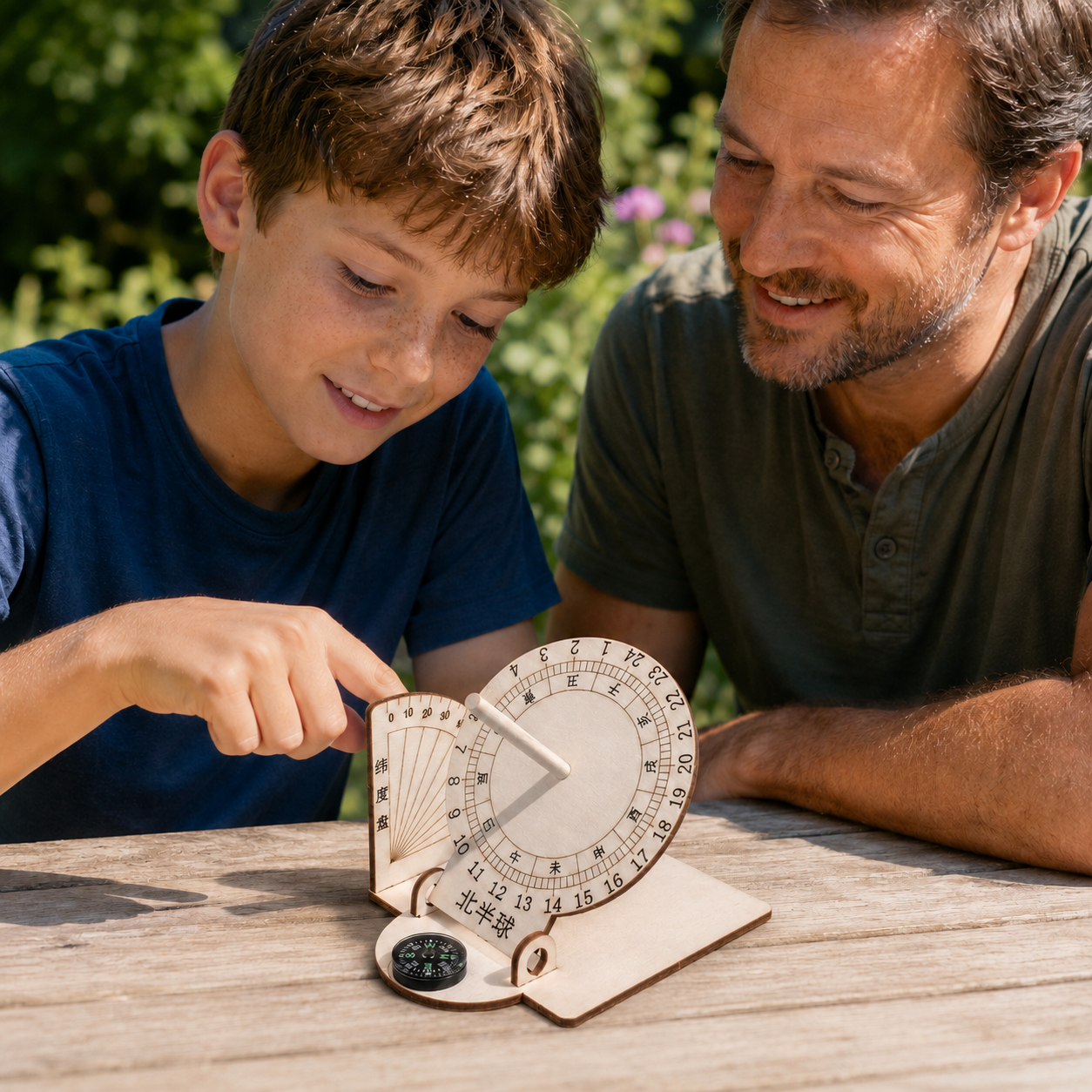 Child using a wooden sundial science kit outdoors to learn how sunlight and shadows tell time.