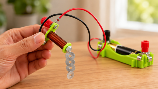 Close-up of the MagnoLab™ Magnetic Field Experiment Kit lifting metal washers with a working electromagnet during a magnetic field experiment.