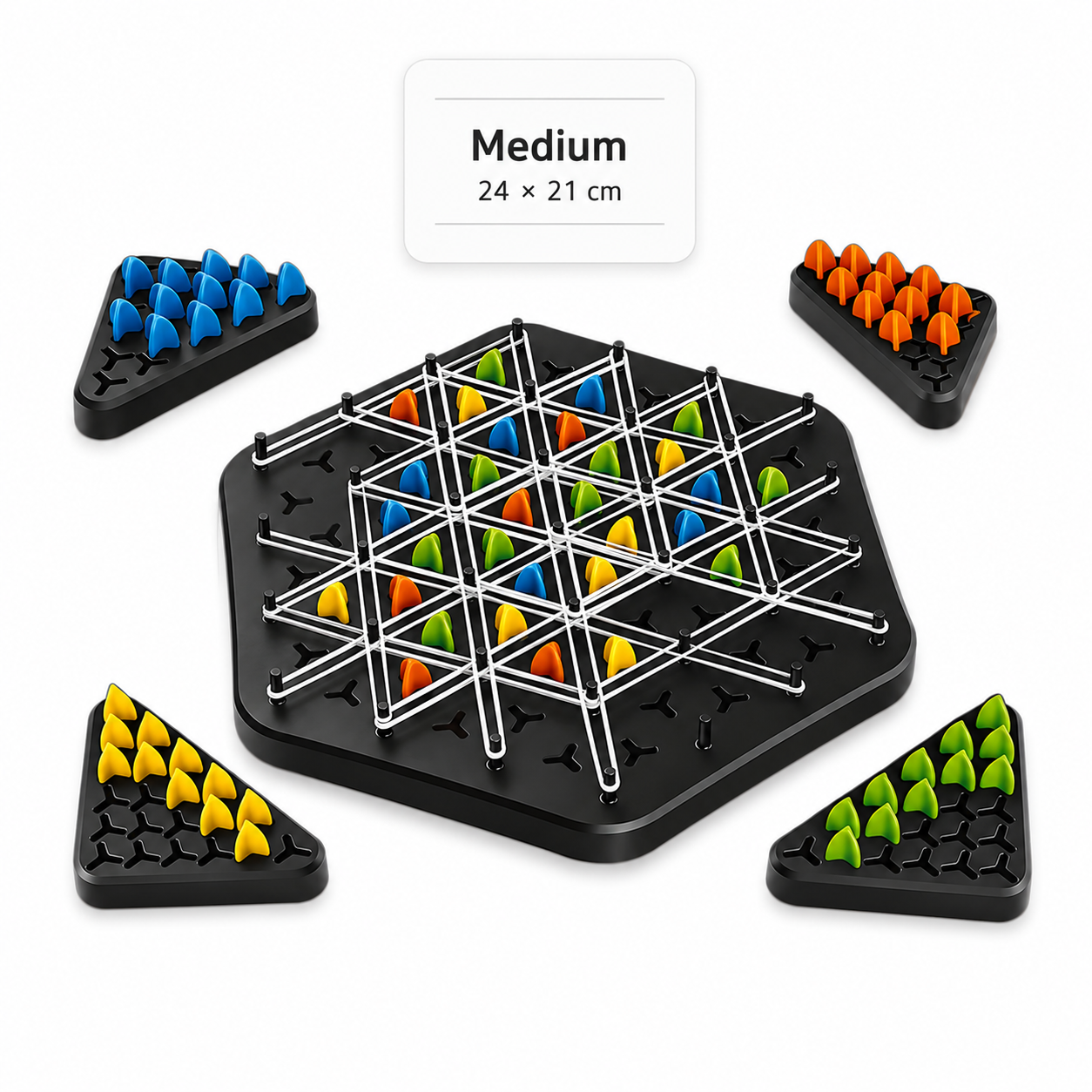 Medium TriLogic™ Strategy Board Game measuring 24 × 21 cm displayed with colourful playing pieces and premium product presentation on a white background.