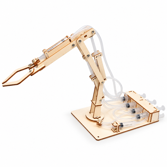 DIY wooden hydraulic arm kit components with plywood parts syringes tubing and hardware