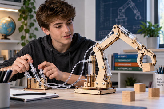 Teen operating a hydraulic arm with syringes during a hands-on STEM engineering experiment