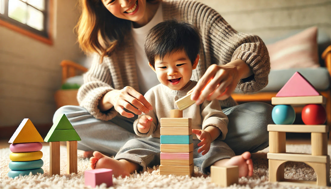 Parent and child playing with colorful wooden blocks on a rug, illustrating the educational benefits of wooden toys. GadWitch Toy Store