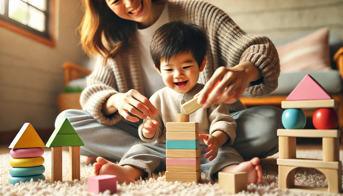 Parent and child playing with colorful wooden blocks on a rug, illustrating the educational benefits of wooden toys. GadWitch Toy Store