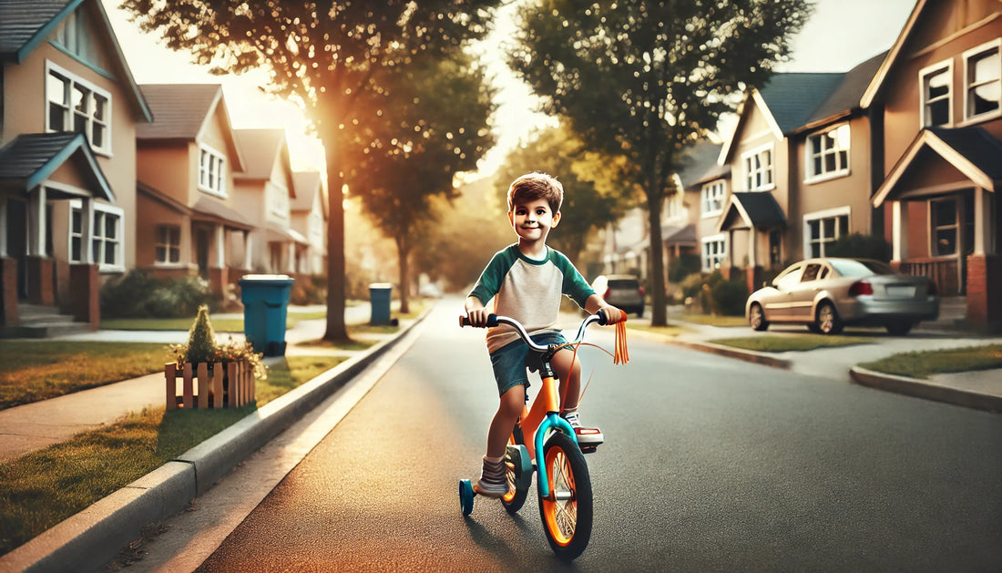 A calm neighborhood street with a young child riding a bike. The kid is around 6-7 years old, smiling while confidently riding a bicycle -  Top Outdoor Toys to Keep Kids Active and Entertained - GadWitch Toys