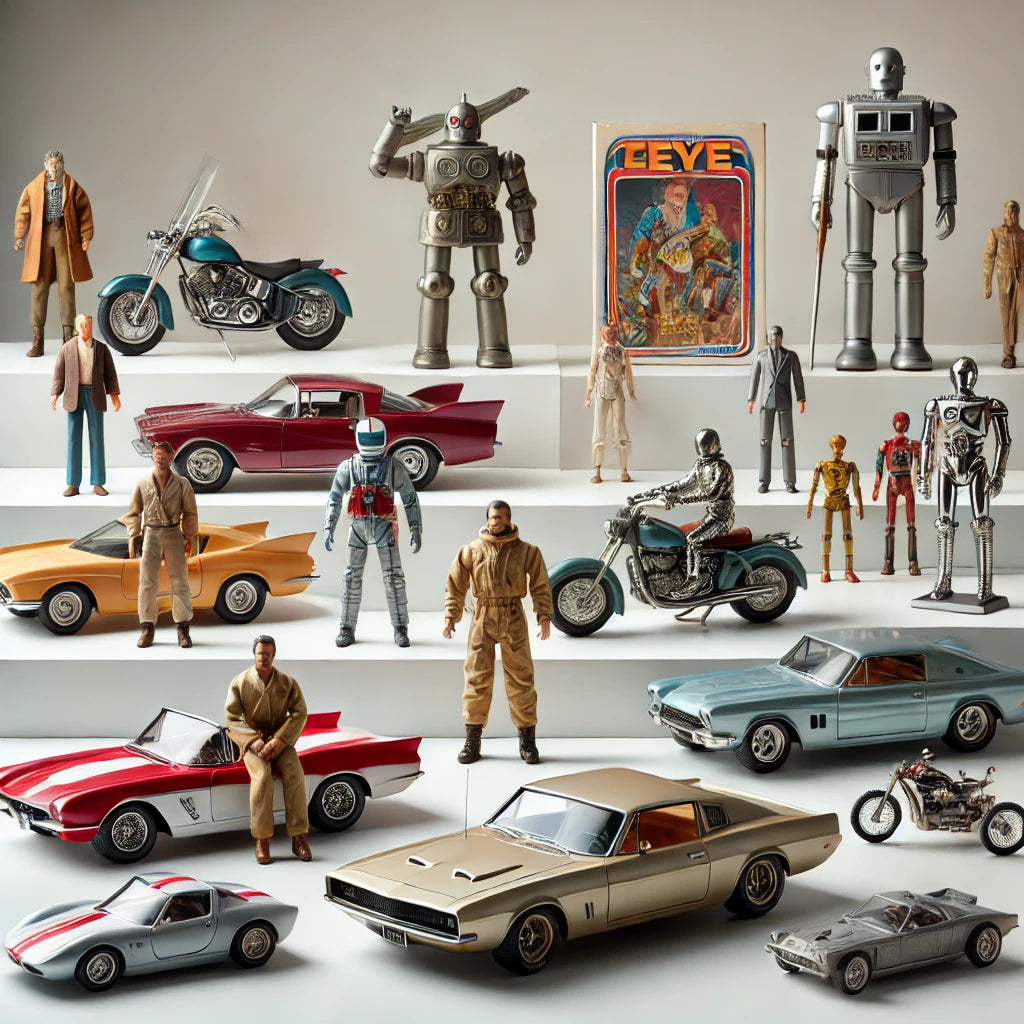 A showcase of classic collectible toys from various eras displayed on a minimalist, neutral backdrop - GadWitch Toys
