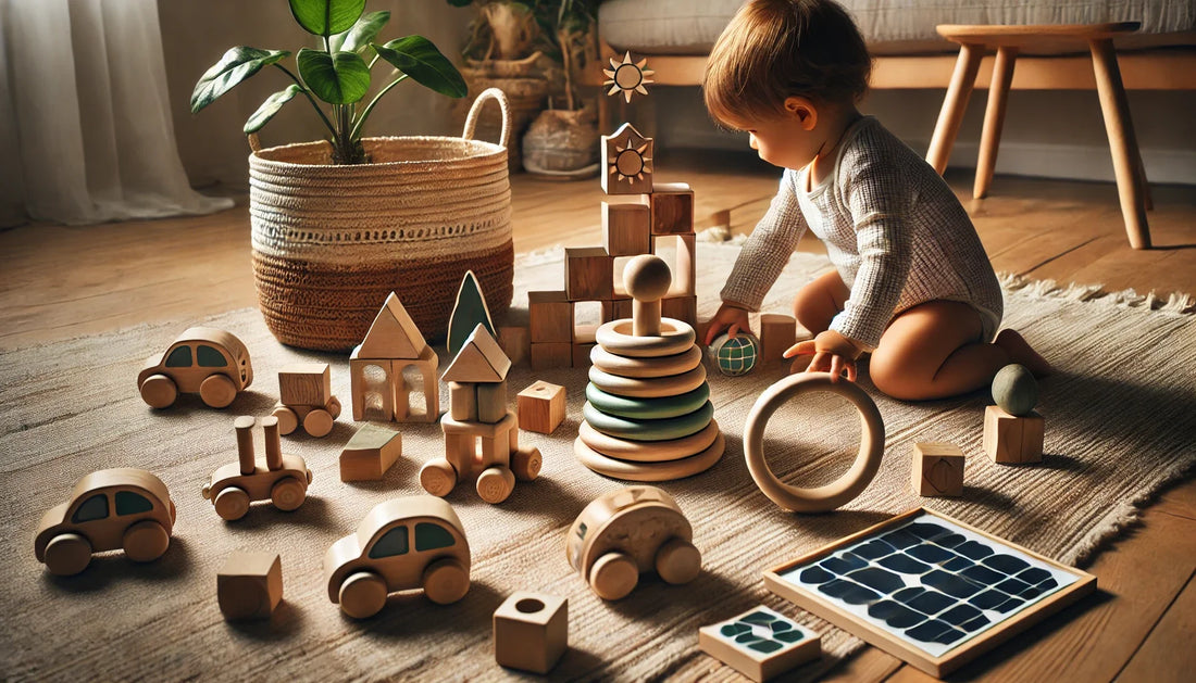 Toddler playing with eco-friendly toys made from natural wood and recycled materials in a cozy living room, showcasing sustainable play options for 2025.