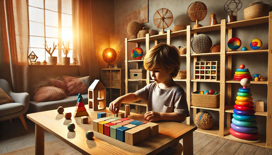 A young child with autism lines up colorful blocks on a wooden play table, surrounded by sensory toys in a cozy, well-lit room.