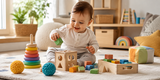 Baby exploring educational toys that support early development, sensory learning, and motor skills.