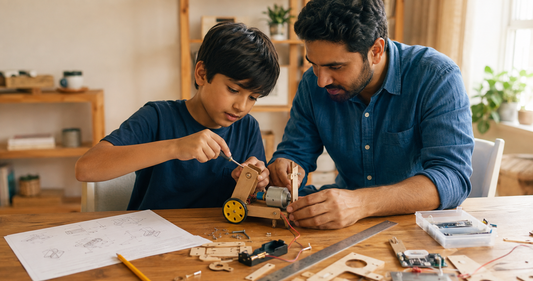 Learner and adult assembling a DIY educational STEM project