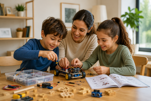 Children building a DIY robotics project together during hands-on STEM learning at home.