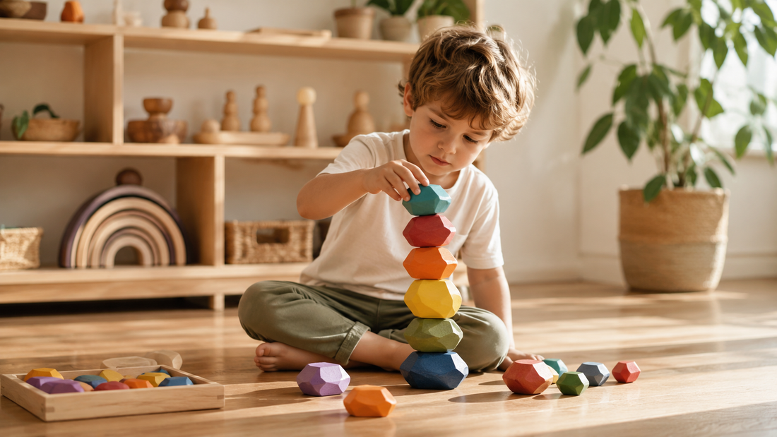 Wooden Montessori stacking rocks displayed on a natural oak table, highlighting sustainable materials, premium craftsmanship, and screen-free educational play.