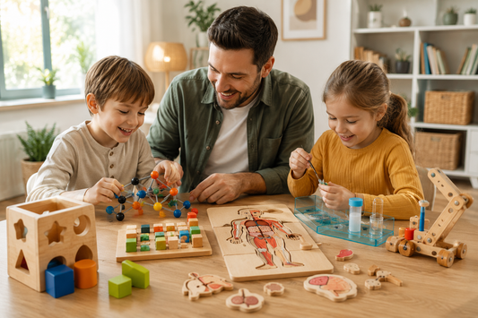 Parent helping children learn with educational toys during screen-free play at home.
