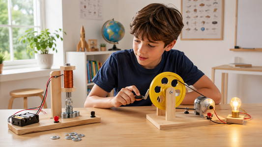 Child exploring electricity and magnetism through hands-on STEM experiments using an electromagnet kit and a hand-powered electricity generator.