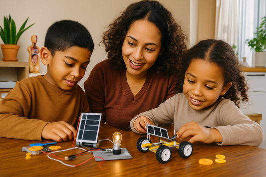 Parent and children doing hands-on STEM activities for kids at home with circuits and a mini solar car.