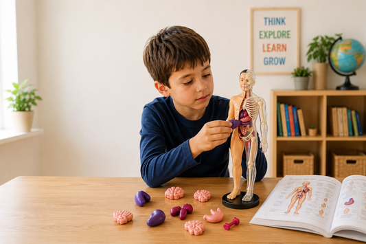 Child exploring a human anatomy model by assembling removable organs during a hands-on STEM learning activity at home.