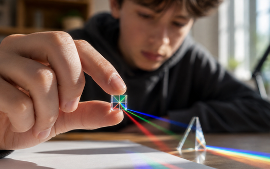Student exploring RGB light reflection and transmission with a PrismLab optical prism cube during a hands-on optics experiment.