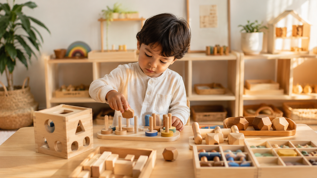 Young child exploring Montessori educational toys in a Montessori-inspired playroom to support independent learning and child development.