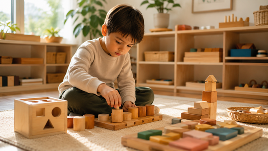 Young child exploring Montessori educational toys designed to improve fine motor skills, creativity, and cognitive development.