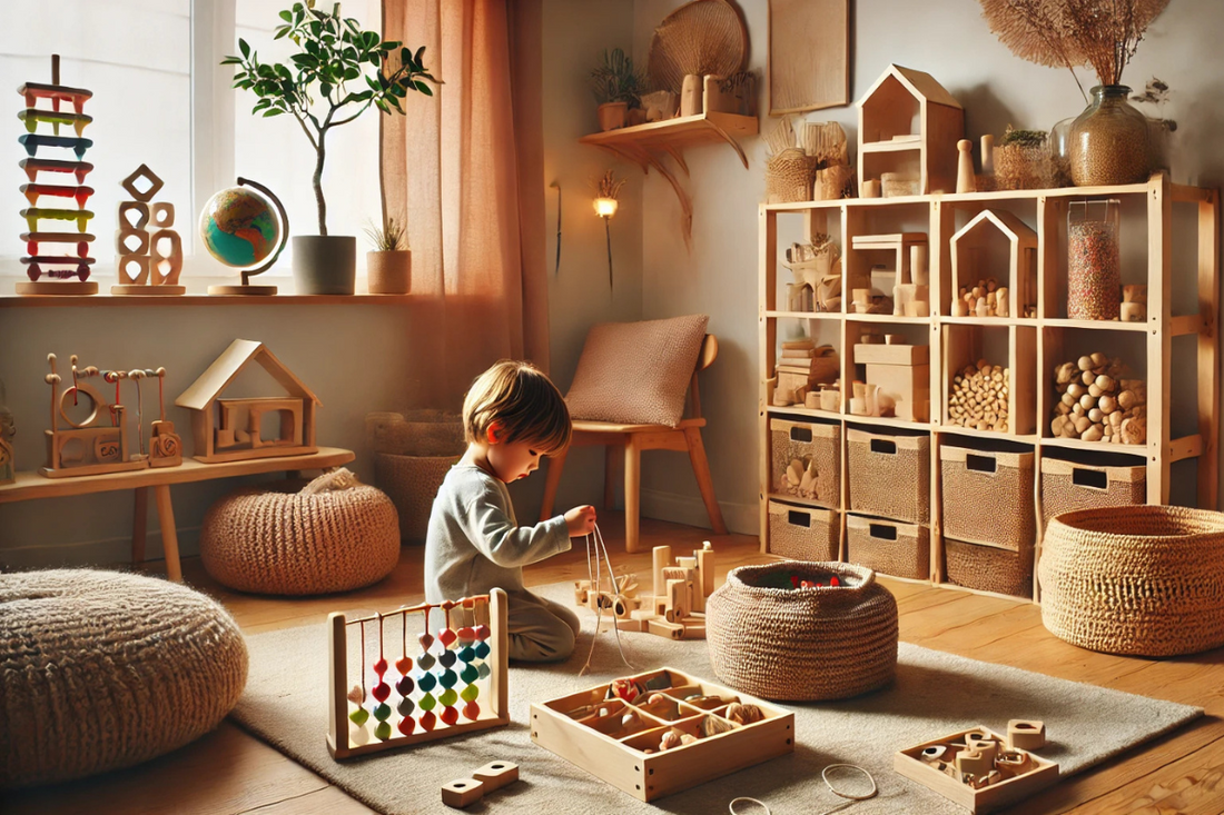 A beautifully organized Montessori playroom featuring budget-friendly wooden stacking toys, lacing beads, and a sensory bin, promoting hands-on learning for preschoolers.