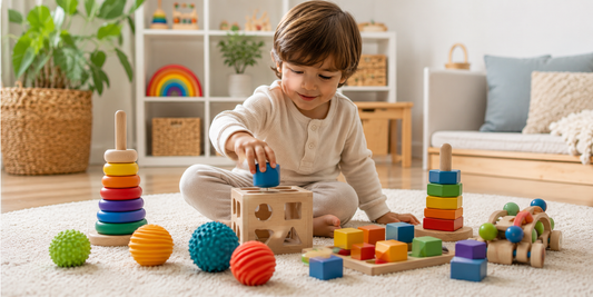 Child exploring sensory toys and educational play activities in a calm and inclusive environment.