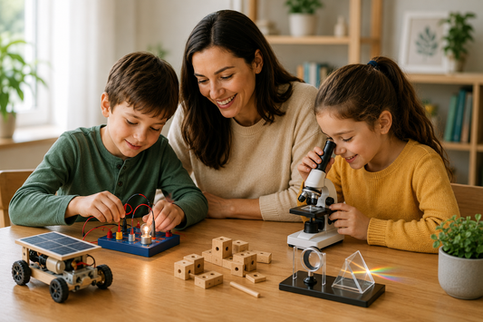 Children exploring STEM toys and science activities with a parent during hands-on screen-free learning at home.