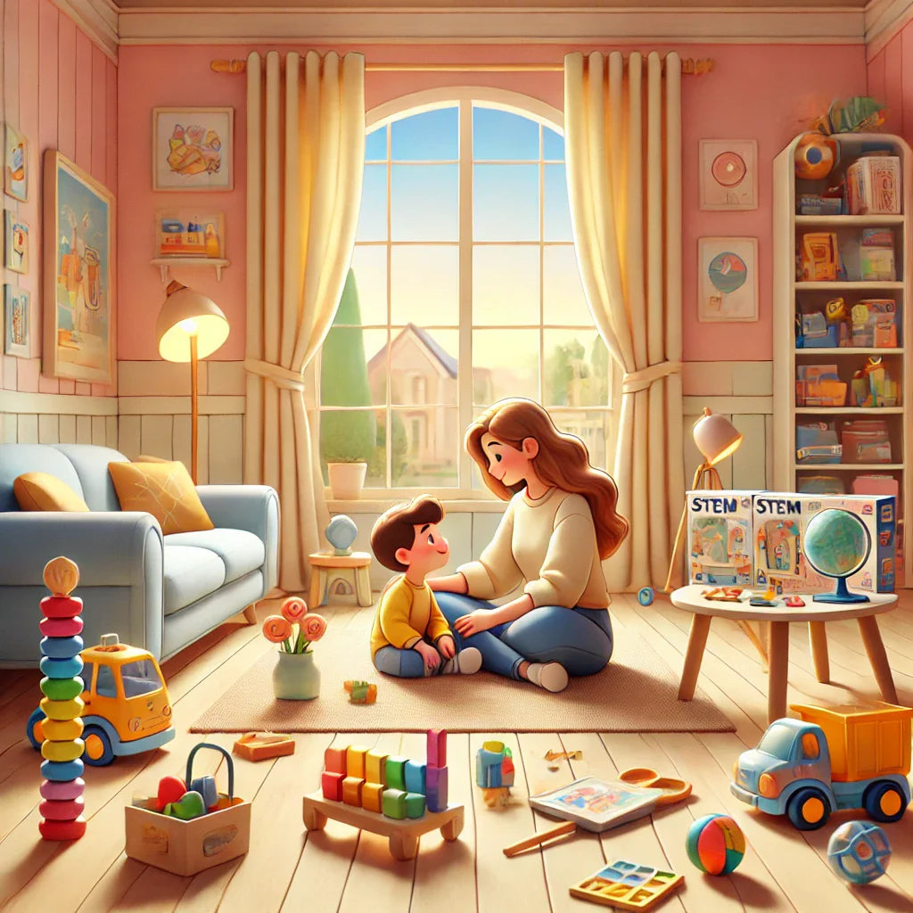 Cozy living room with a mother and son bonding, surrounded by educational toys - bundle & Save could be a good opition for gifts 