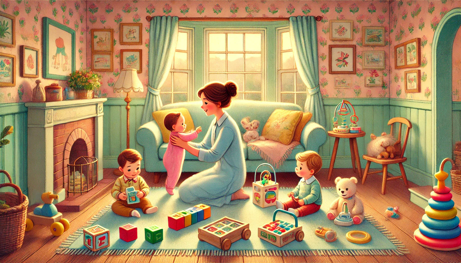 Pixar-style illustration of a mother with three children of different ages in a cozy living room, surrounded by educational toys like blocks, plush toys, and STEM kits, exuding warmth and family love.