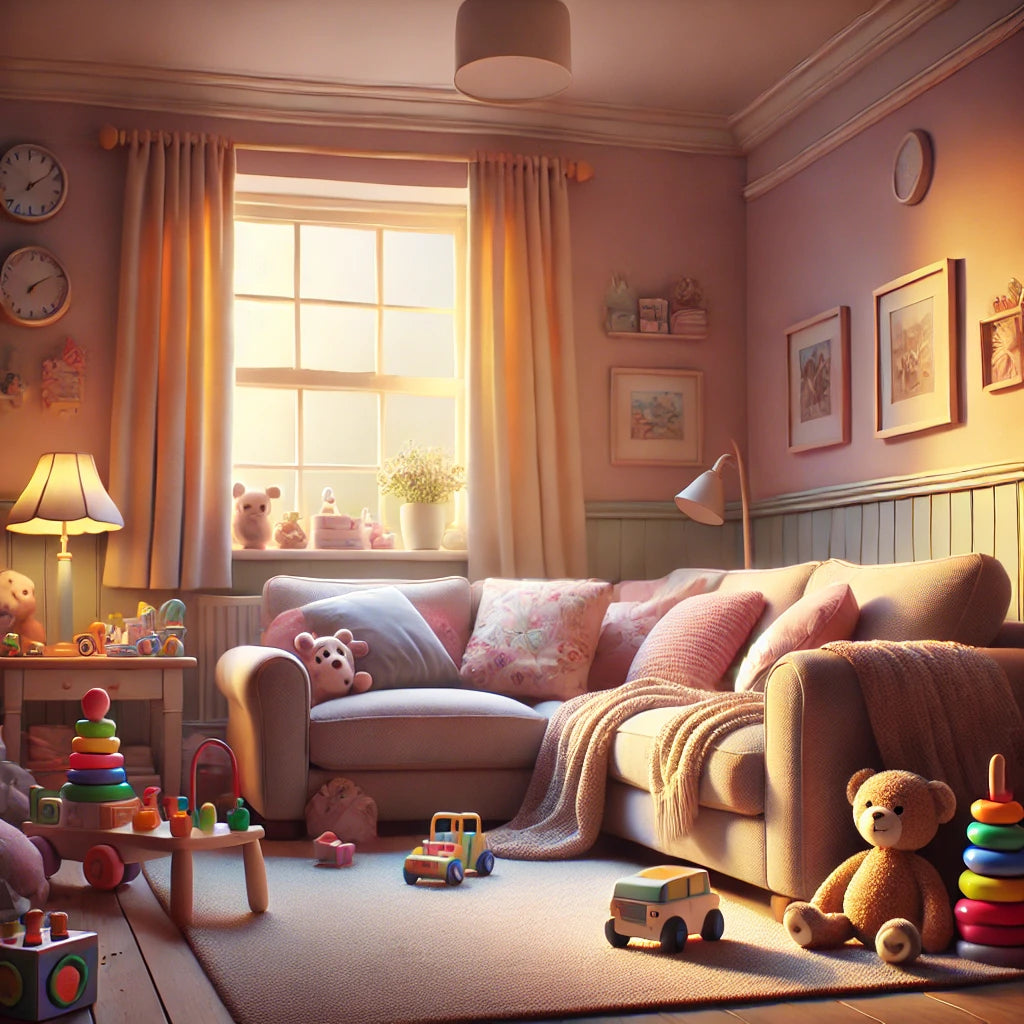 A comfortable UK living room with a cozy, warm atmosphere. The room has pastel-colored walls and soft, warm lighting that creates a welcoming ambiance - GadWitch Toys