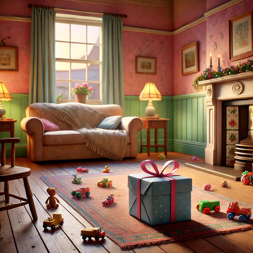 Gift box blue in the center of the living room. Gift Shop Idea. GadWitch Toys
